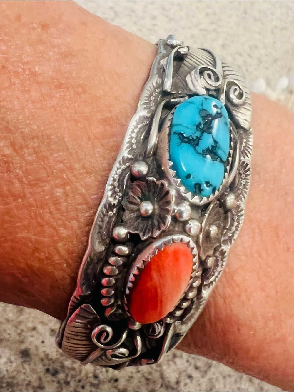 Vintage  Signed GK George Kee 925 Silver Cuff Bracelet Turquoise & coral stones